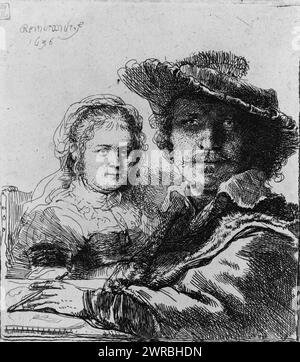 Rembrandt et son épouse Saskia, Rembrandt., Rembrandt Harmenszoon van Rijn, 1606-1669, artiste, 1636., Rembrandt Harmenszoon van Rijn, famille, 1606-1669, gravures, 1630-1640., gravures, 1630-1640, Autoportraits, 1630-1640, 1 tirage : gravure, 10,5 x 9,2 cm Banque D'Images