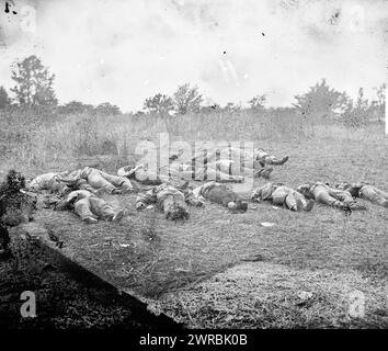 Gettysburg, Pennsylvanie. Morts confédérés, vue vers le verger de la ferme Rose, 5 juillet 1863, O'Sullivan, Timothy H., 1840-1882, photographe, 5 juillet 1863, États-Unis, histoire, guerre civile, 1861-1865, négatifs en verre, 1860-1870., stéréographies, 1860-1870, négatifs en verre, 1860-1870, 1 négatif (2 plaques) : verre, stéréographe, collodion humide Banque D'Images