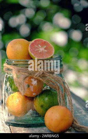 Fruit de citron rose isolé coupé en deux, sorte de jus de fruit de vitamine c, médecine naturelle, citron vert bio dans un pot en verre, panier sur fond vert Banque D'Images