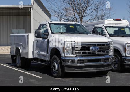 Plainfield - 10 mars 2024 : Ford F-350 DRW 4X4 avec affichage de carrosserie Reading Service. Ford propose le F350 dans les moteurs à essence ou diesel. MY:2024 Banque D'Images