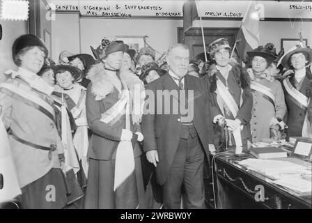 Sénateur O'Gorman et suffragettes, MM. Boissevain, O'Gorman, MM. W. L. Colt, photographie montre MM. W. L. Colt debout à gauche du sénateur James O'Gorman, et MM. Inez Milholland Boissevain à sa droite, lors d'une réunion avec l'Union des femmes du Congrès en mai 1915., 1915 mai, négatifs en verre, 1 négatif : verre Banque D'Images