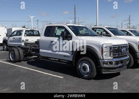 Plainfield - 10 mars 2024 : Ford F-550 4X4 Super Chassis Cab exposé chez un concessionnaire. La Ford F550 est disponible en modèles essence ou diesel. MY:2024 Banque D'Images