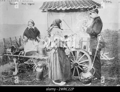 Wagon à lait belge, photographie montre vendeur de lait flamand avec un inspecteur, peut-être en vérifiant ses mesures., entre CA. 1915 et env. 1920, négatifs en verre, 1 négatif : verre Banque D'Images