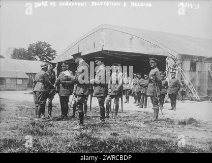 Duc de Connaught décorant un belge, la photographie montre le prince Arthur, duc de Connaught et Strathearn (1850-1942) et le roi de Belgique Albert Ier (1875-1934) à l'aérodrome de Houthem le 3 juillet 1918 donnant un prix par un soldat belge pendant la première Guerre mondiale, 1918 juillet 3, Guerre mondiale, 1914-1918, négatifs en verre, 1 négatif : verre Banque D'Images