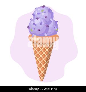 Crème glacée à la lavande. Trois boules de dessert sucré crémeux dans un cône de gaufre. Sorbet violet. Illustration vectorielle sur fond blanc. Illustration de Vecteur