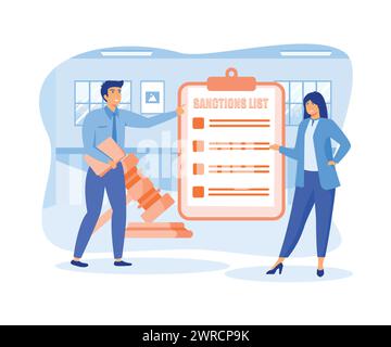Concept de vecteur de sanctions. Les gens d'affaires discutent de la liste des sanctions avec marteau juridique. illustration moderne vectorielle plate Illustration de Vecteur
