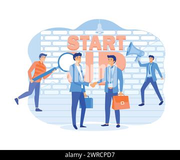 Moments de travail pour le démarrage d'une entreprise. Cherchez de l'argent, des contrats, des promotions. Un homme avec une loupe, deux personnes serrant la main, un homme avec un loudspe Illustration de Vecteur