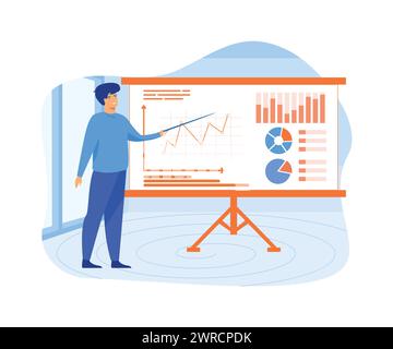 Consultant homme d'affaires près du tableau blanc tenant pointeur dans la main, formation. diagrammes, graphiques de rapport financier. Processus d'organisation comptable. version plate Illustration de Vecteur