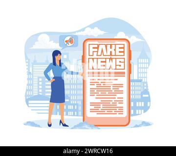 Métaphores de fausses nouvelles. Tiny Girl lit les nouvelles avec l'application mobile. Médias de masse, informations en ligne chaudes, bulletins de propagande. illustration moderne vectorielle plate Illustration de Vecteur