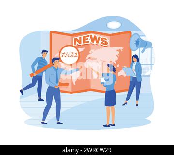 Fausses nouvelles et commérages. Minuscules personnes lisant des journaux et des informations sur les médias sociaux dans Internet on World. illustration moderne vectorielle plate Illustration de Vecteur