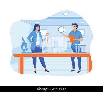 Scientifiques effectuant des recherches scientifiques, des analyses et des tests de vaccins. illustration moderne vectorielle plate Illustration de Vecteur