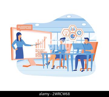 Conférence de formation en ligne pour les employés de bureau. Homme et femme assis avec un ordinateur portable aux bureaux reçoivent des connaissances de l'entraîneur féminin. vecteur plat moderne il Illustration de Vecteur