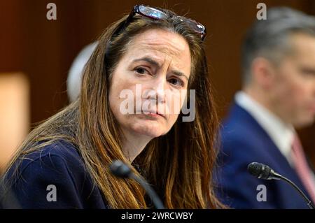 Washington, Vereinigte Staaten. 11 mars 2024. Avril Haines, directeur du renseignement national (DNI), témoigne lors de l'audience du Comité spécial du Sénat américain sur le renseignement pour examiner les menaces mondiales dans le bâtiment du bureau du Sénat Hart sur Capitol Hill à Washington, DC le lundi 11 mars 2024. Crédit : Ron Sachs/CNP/dpa/Alamy Live News Banque D'Images