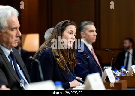 Washington, Vereinigte Staaten. 11 mars 2024. Avril Haines, directeur du renseignement national (DNI), témoigne lors de l'audience du Comité spécial du Sénat américain sur le renseignement pour examiner les menaces mondiales dans le bâtiment du bureau du Sénat Hart sur Capitol Hill à Washington, DC le lundi 11 mars 2024. Crédit : Ron Sachs/CNP/dpa/Alamy Live News Banque D'Images