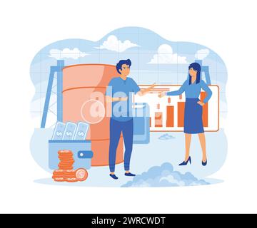 Concept d'augmentation du prix du pétrole. Le marché boursier du pétrole est en croissance. Les meilleurs prix du pétrole de tous les temps. Flèche vers le haut. Les petits hommes d'affaires sont heureux. vecteur plat moderne illu Illustration de Vecteur