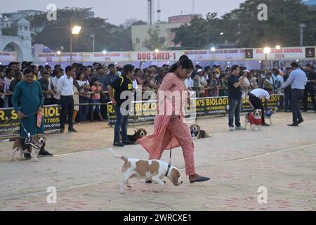 Les chiens exécutent des formateurs pendant le Carnaval des chiens Agartala-2024, organisé par Tripura Veterinary Doctors Association & Pawsome (Une organisation sociale) à Agartala. Tripura, Inde. Banque D'Images