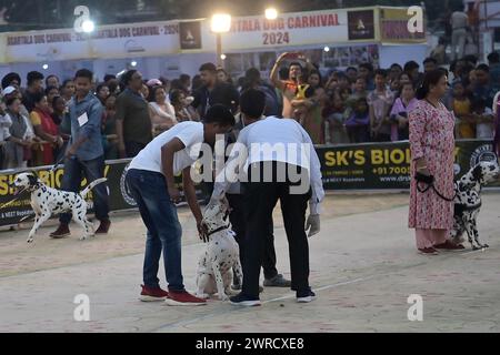 Les juges vérifient les chiens lors du Carnaval Agartala Dog Carnival-2024, organisé par l’Association des médecins vétérinaires Tripura et Pawsome (Une organisation sociale) à Agartala. Tripura, Inde. Banque D'Images