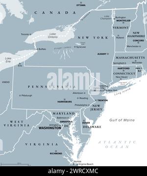 Région mi-atlantique des États-Unis, carte politique grise. Le chevauchement entre les états du Nord-est et du Sud-est. Banque D'Images