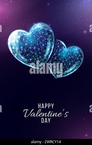 Affiche de bonne Saint Valentin. Coeur filaire en poly style bas. Illustration vectorielle 3D moderne abstraite sur fond bleu foncé. Illustration de Vecteur