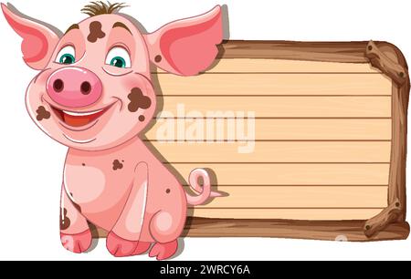 Heureux cochon de dessin animé debout à côté d'un panneau vide. Illustration de Vecteur