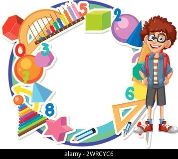 Étudiant joyeux entouré d'icônes et d'outils éducatifs Illustration de Vecteur