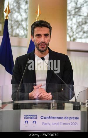 Paris, France. 11 mars 2024. Président de Paris, France 2024, Tony Estanguet intervient lors d'une présentation de presse pour la programmation de l'Olympiade culturelle en vue des Jeux de Paris, France 2024 au Musée du Luxembourg à Paris, France, le 11 mars 2024. Photo de Firas Abdullah/ABACAPRESS.COM crédit : Abaca Press/Alamy Live News Banque D'Images