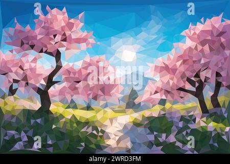 Paysage de bande dessinée poly bas avec arbre japonais Sakura, fleur de cerisier oriental dans la nature printanière avec montagne, ciel bleu et lever du soleil Illustration de Vecteur