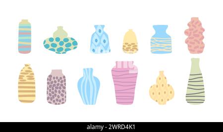 Ensemble de vases colorés fleuris modernes. Poterie et céramique. Récipients vides conceptions de différentes formes et formes dans un style tendance isolé sur fond blanc. Vaisselle mode créative, décor. Illustration vectorielle plate .. Illustration de Vecteur