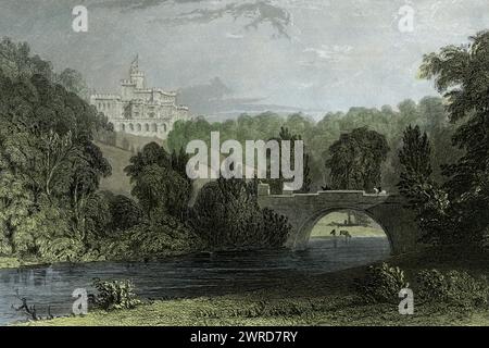 Château néo-gothique de Lambton, construit au début des années 1800, dans le comté de Durham, au nord-est de l'Angleterre, s'élevant au-dessus de la rivière Wear. Recadrer au format 6 x 4 de gravure antique publiée pour la première fois dans les années 1830 Au premier plan, les cavaliers à cheval traversent un pont et le bétail boit au bord de la rivière. Banque D'Images