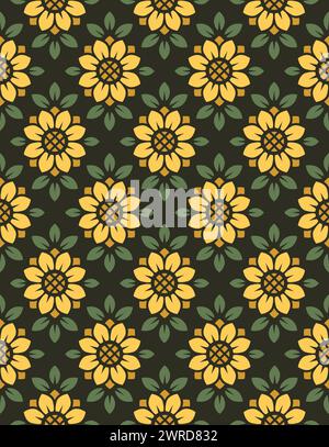 Vecteur modèle sans couture avec tournesols orange vif sur fond noir. Fleur stylisée dans un motif géométrique en diamant pour papier peint et textile Illustration de Vecteur