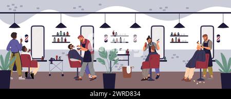 Intérieur hipster Barbershop avec visiteurs. Les coiffeurs professionnels coupent les cheveux et rasent la moustache. Clients peignés sur des fauteuils. Hommes barbus élégants. M Illustration de Vecteur