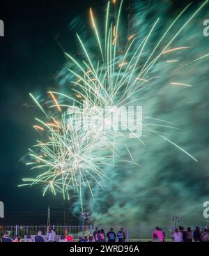 Auckland, Nouvelle-Zélande - février 25 2024 : feux d'artifice verts et dorés au Festival des lanternes du nouvel an chinois. Banque D'Images