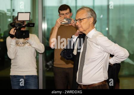 Gand, Belgique. 12 mars 2024. L'avocat Hans Rieder photographié lors de la séance de verdict dans l'affaire judiciaire contre l'ancien député Van Langenhove et certains de ses collègues du mouvement de jeunesse d'extrême droite flamande 'Schild en Vrienden', accusés de racisme et de sexisme, devant le tribunal correctionnel de Gand, mardi 12 mars 2024. BELGA PHOTO JAMES ARTHUR GEKIERE crédit : Belga News Agency/Alamy Live News Banque D'Images