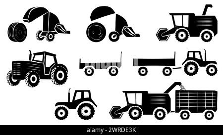 Un ensemble de silhouettes de machines agricoles isolées sur fond blanc. Moissonneuse-batteuse et tracteur avec remorque. Clipart vectoriel. Illustration de Vecteur