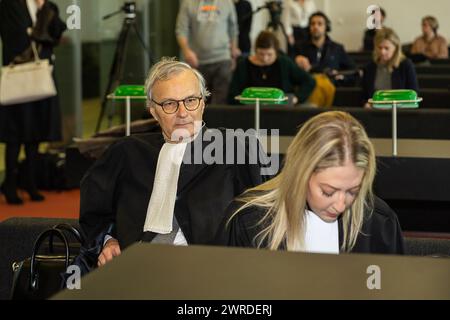 Gand, Belgique. 12 mars 2024. L'avocat Hans Rieder photographié lors de la séance de verdict dans l'affaire judiciaire contre l'ancien député Van Langenhove et certains de ses collègues du mouvement de jeunesse d'extrême droite flamande 'Schild en Vrienden', accusés de racisme et de sexisme, devant le tribunal correctionnel de Gand, mardi 12 mars 2024. BELGA PHOTO JAMES ARTHUR GEKIERE crédit : Belga News Agency/Alamy Live News Banque D'Images