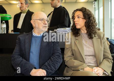 Gand, Belgique. 12 mars 2024. Henri Heymans et Jihad Van Puymbroeck photographiés lors de la séance de verdict dans l'affaire judiciaire contre l'ancien député Van Langenhove et certains de ses collègues du mouvement de jeunesse d'extrême droite flamand 'Schild en Vrienden', accusés de racisme et de sexisme, devant le tribunal correctionnel de Gand, mardi 12 mars 2024. BELGA PHOTO JAMES ARTHUR GEKIERE crédit : Belga News Agency/Alamy Live News Banque D'Images