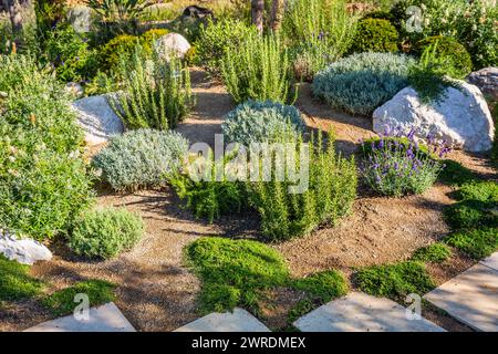 Arrière-cour avec aménagement paysager fantastique, patio, plantes résistantes à la sécheresse Banque D'Images