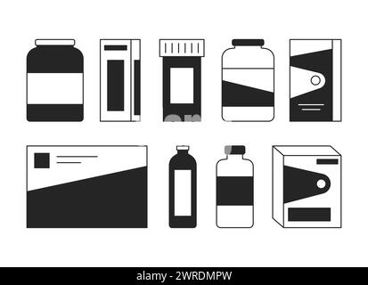 Médicaments pharmaceutiques ensemble d'objets de dessin animé en ligne 2D noir et blanc Illustration de Vecteur