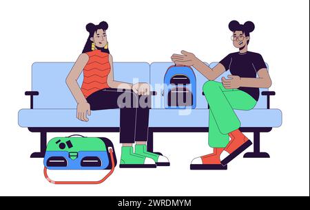 Attendez passagers femmes amis 2D personnages de dessins animés linéaires Illustration de Vecteur