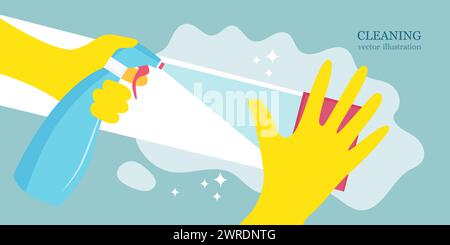Mains dans un gant en caoutchouc jaune. Nettoyage à l'aide d'un détergent en aérosol. Éponge de nettoyage rose. Nettoyage de surface en interne. Illustration vectorielle. Illustration de Vecteur