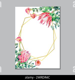 Aquarelle de carte Protea, brins d'eucalyptus, cadre doré. Illustration vectorielle de fleurs roses. Élément de conception pour invitations de mariage, bannières, couvertures, l Illustration de Vecteur