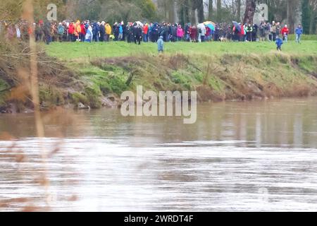 Gloucester, Royaume-Uni. 12 mars 2024. Rare 5 étoiles River Severn bore. Le Severn bore est un raz-de-marée d'eau qui se dirige vers 25 miles jusqu'à l'estuaire de la Severn entre Awre et Gloucester. La vague peut atteindre des vitesses allant jusqu'à 21 km/h et comme la largeur de la rivière Severn se rétrécit, la vague devient soutenue et produit le célèbre Severn bore. Phénomène naturel, les boréaux 5 étoiles sont rares et ont une amplitude de marée de 5,4 mètres et plus. Les foules regardent pour le trou qui était finalement plus une houle qu'une vague. Crédit : Nidpor/Alamy Live News Banque D'Images