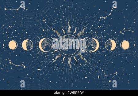 Phases lunaires et éclipse de lune, lune mystique dans l'espace, astrologie et horoscope fond, oneiromancy, vecteur Illustration de Vecteur