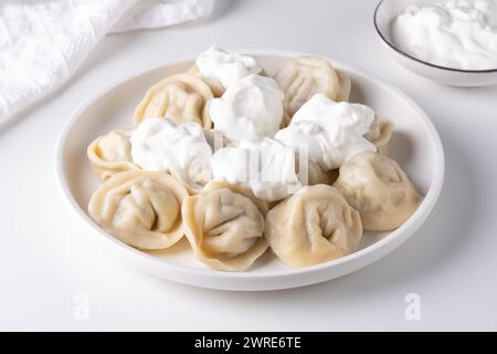 Pelmeni traditionnel, raviolis, boulettes fourrées de viande sur l'assiette Banque D'Images