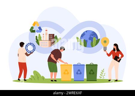 Économie circulaire, développement durable de stratégies pour la circulation des ressources environnementales dans l'industrie. Les petites personnes utilisent des matériaux de recyclage, réduisent la consommation et gaspillent l'illustration vectorielle de dessin animé Illustration de Vecteur