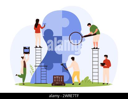 Psychologie, éducation et thérapie cognitive. De minuscules personnes avec une loupe créent puzzle à l'intérieur de la silhouette de tête humaine, changer le problème de l'identité, travailler sur l'illustration vectorielle de dessin animé de stress Illustration de Vecteur