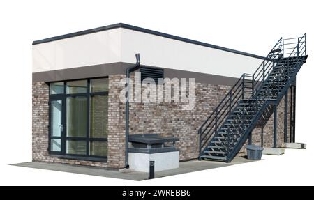 Extension en brique à un bâtiment avec une fenêtre et un escalier en fer. Isolé sur blanc Banque D'Images