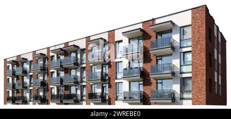 Fenêtres et balcons d'un bâtiment résidentiel standard en briques rouges. Isolé sur blanc Banque D'Images