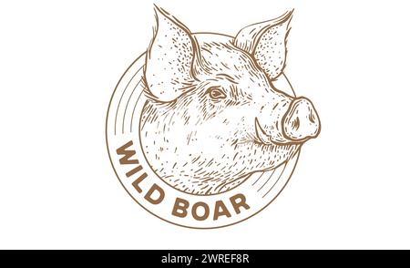 Porc, tête de porc, étiquette de viande. Boucherie porc tête de porc magasin de viande, texte, typographie. Etiquette d'étiquette de viande de modèle. Vintage rétro imprimé, étiquette, étiquette avec dessin de style crayon à encre de porc. Illustration Illustration de Vecteur