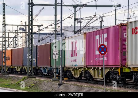 Hafen Hamburg, Container Umschlag, Bahnlinie am Container terminal Burchardkai, transport auf der Schiene, vom und zum Hafen, Hamburg Deutschland, Containerhafen HH *** Port de Hambourg, manutention de conteneurs, ligne de chemin de fer au Container terminal Burchardkai, transport ferroviaire, de et vers le port, Hambourg Allemagne, port à conteneurs HH Banque D'Images